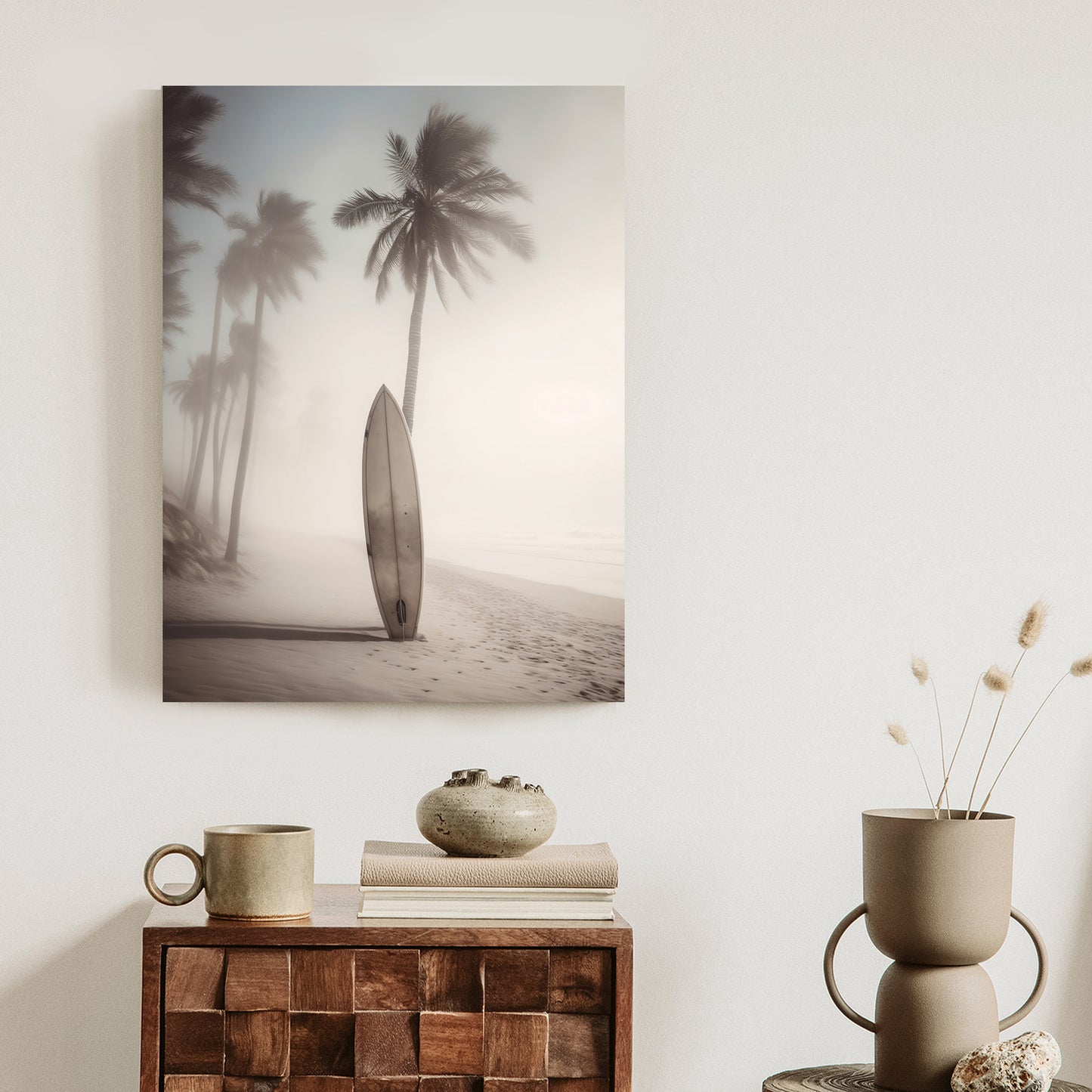 Poster Surfbrett Am Strand Mit Palmen Rahmen Holz Mit Passepartout Farbe Natürlich