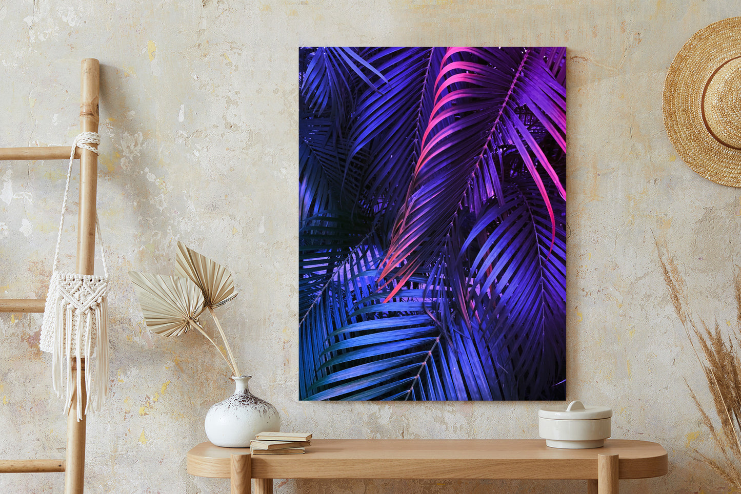 Poster Tropische Neonpalmenblätter Rahmen Holz Mit Passepartout Farbe Natürlich