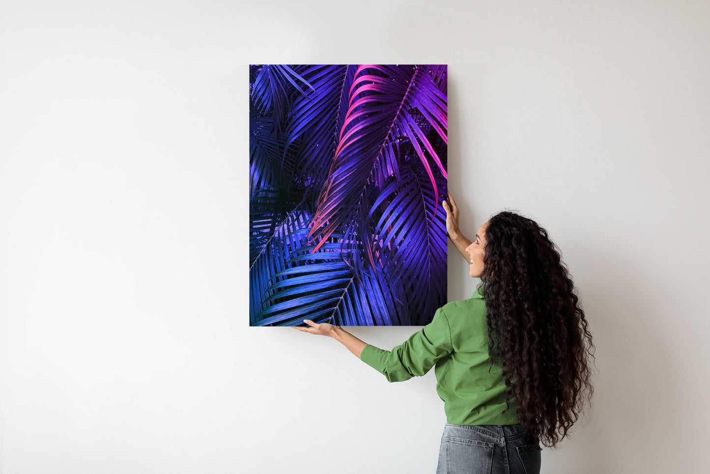 Poster Tropische Neonpalmenblätter Rahmen Holz Mit Passepartout Farbe Natürlich