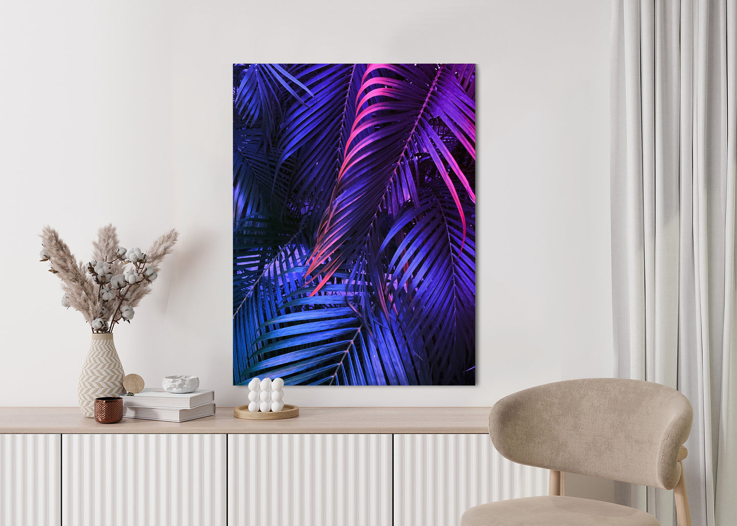 Poster Tropische Neonpalmenblätter Rahmen Holz Mit Passepartout Farbe Natürlich