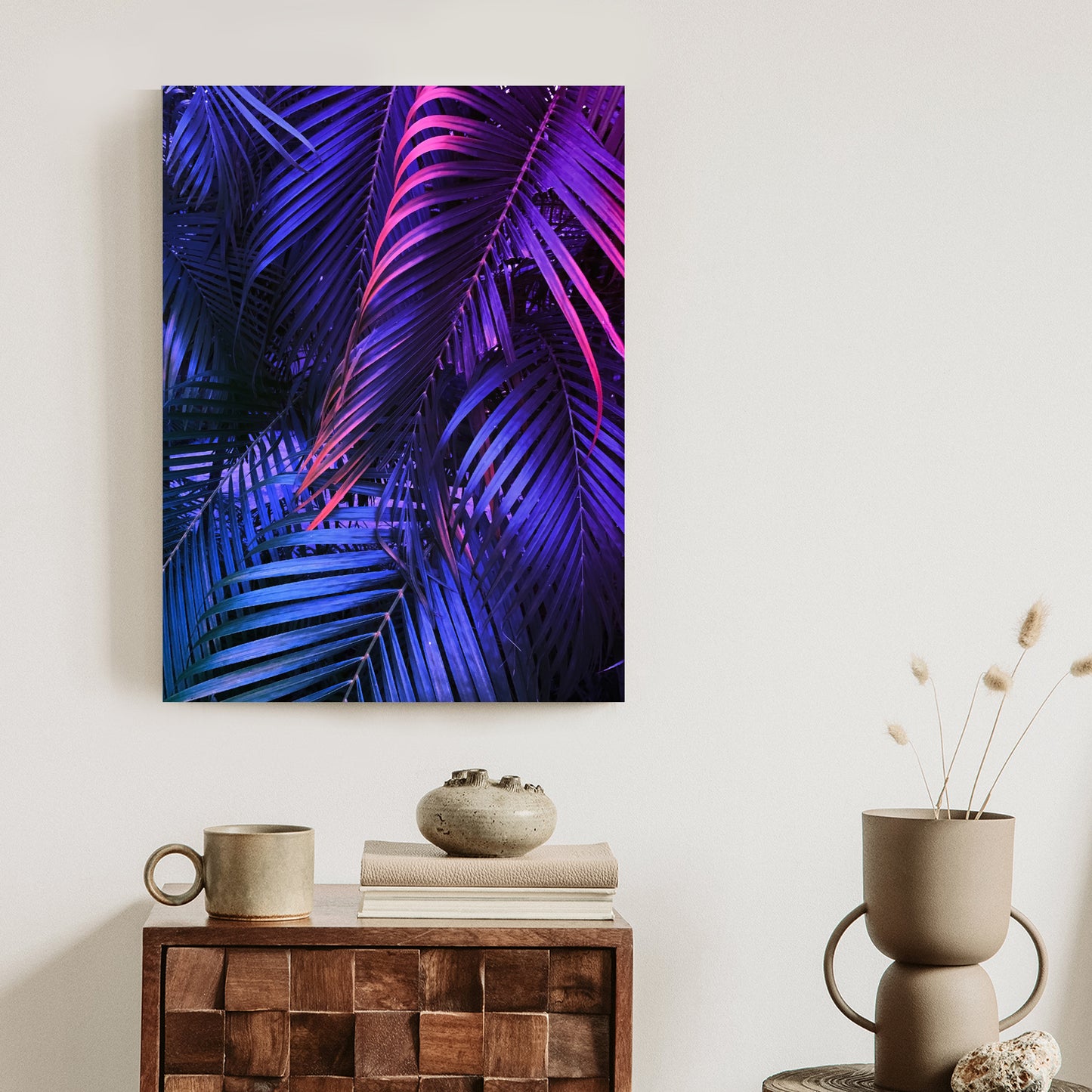 Poster Tropische Neonpalmenblätter Rahmen Holz Mit Passepartout Farbe Natürlich