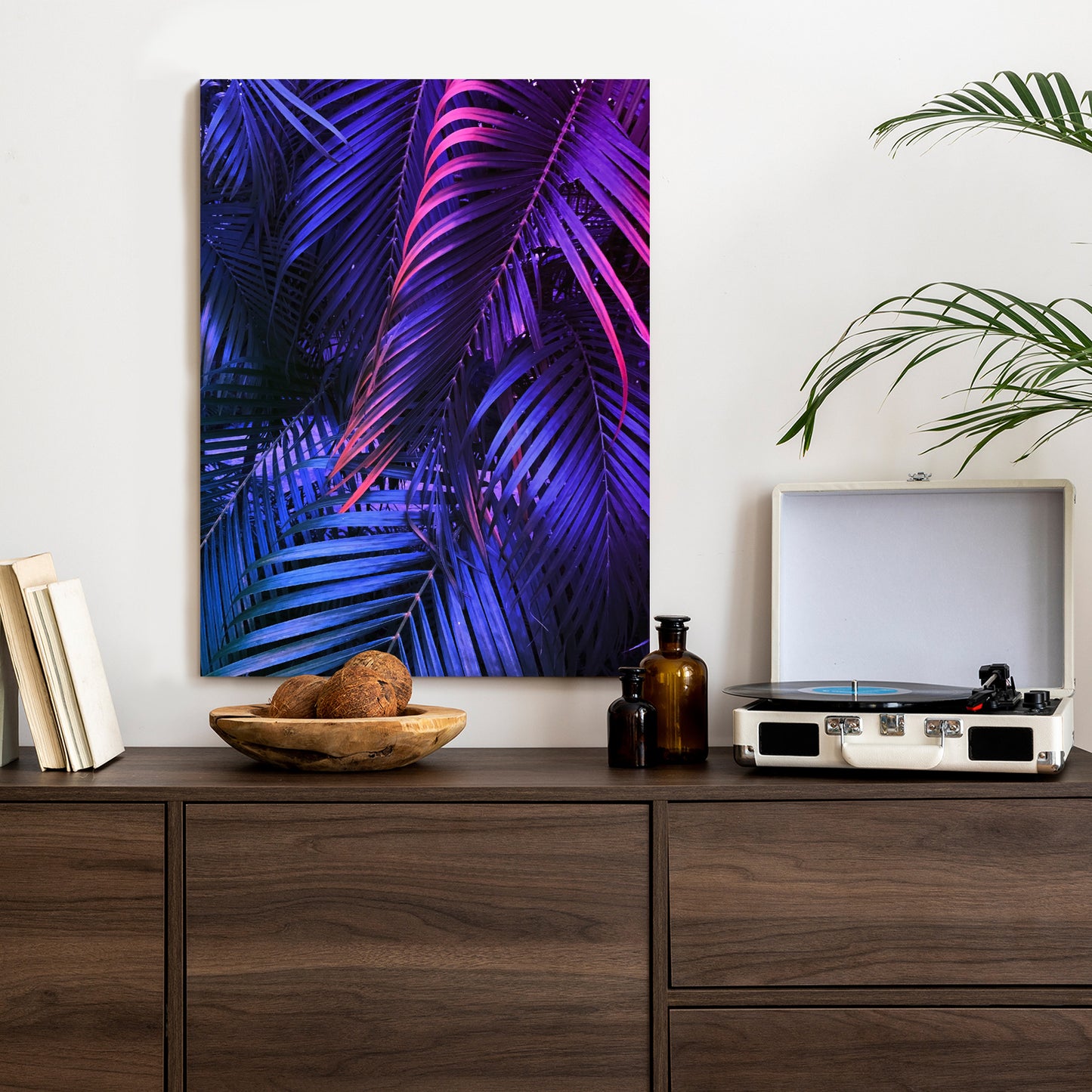 Poster Tropische Neonpalmenblätter Rahmen Holz Mit Passepartout Farbe Natürlich