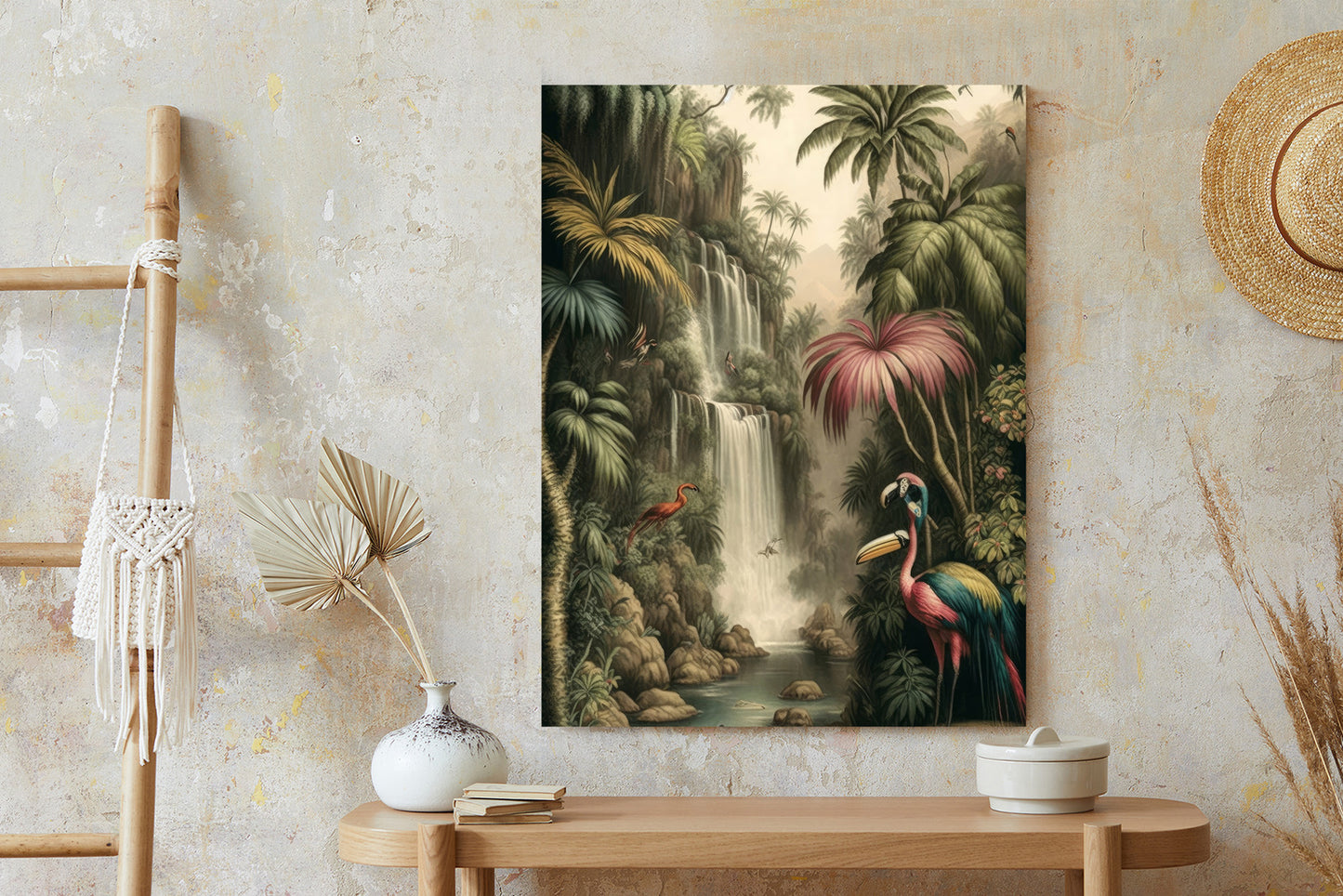 Poster Dschungelpalmen Und Tropische Tiere Rahmen Holz Mit Passepartout Farbe Natürlich
