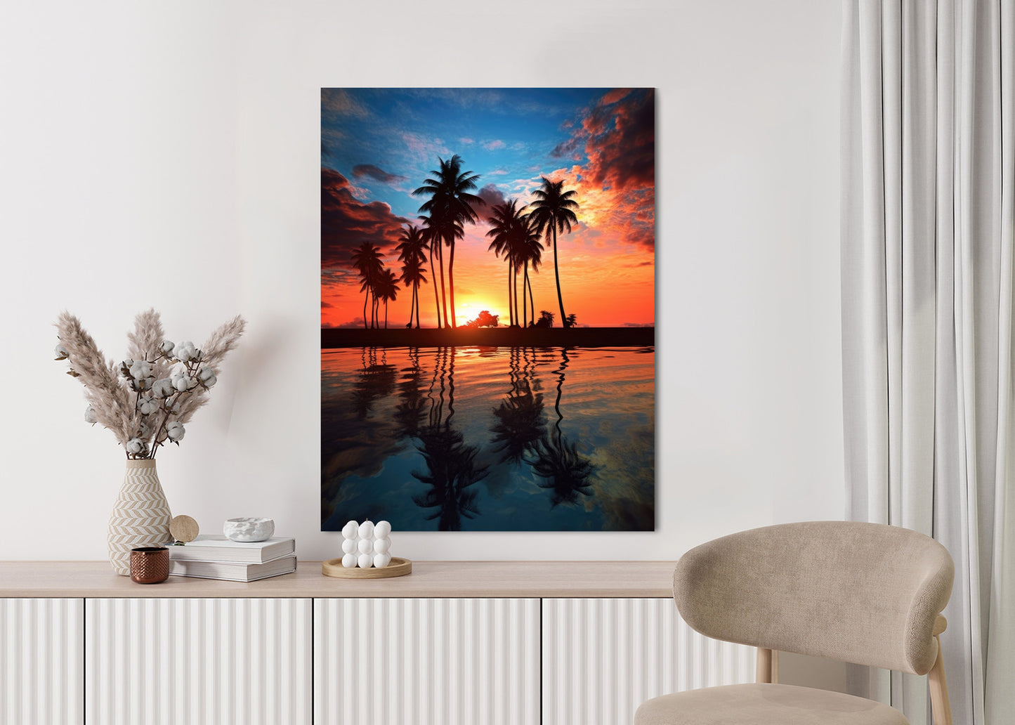 Poster Das Meer Und Die Palmen In Orange Und Marineblau