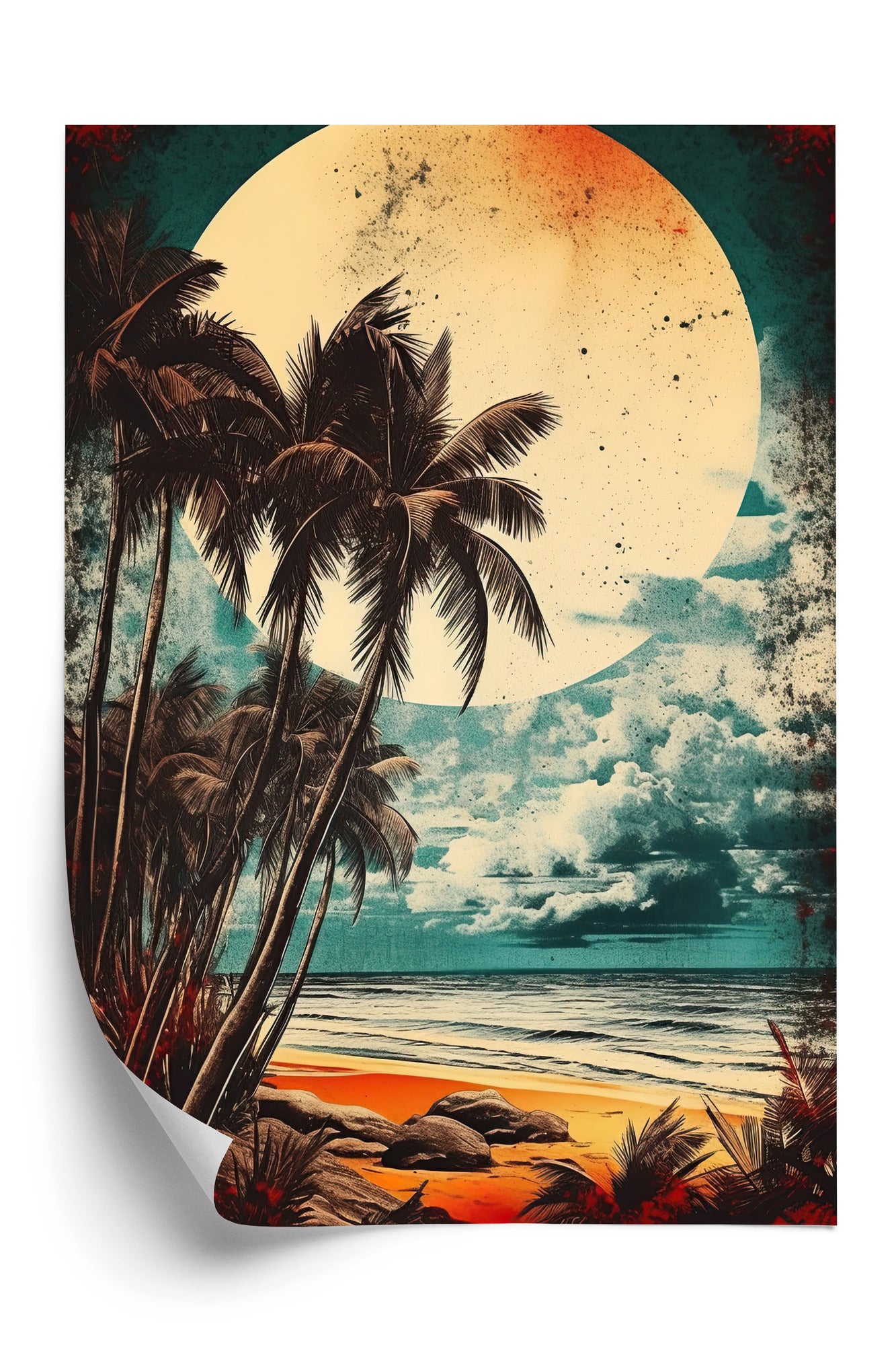 Poster Tropischer Strand Mit Sonne Und Vintage-Palmen Rahmen Holz Mit Passepartout Farbe Natürlich