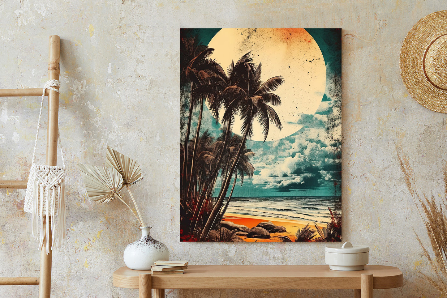Poster Tropischer Strand Mit Sonne Und Vintage-Palmen Rahmen Holz Mit Passepartout Farbe Natürlich