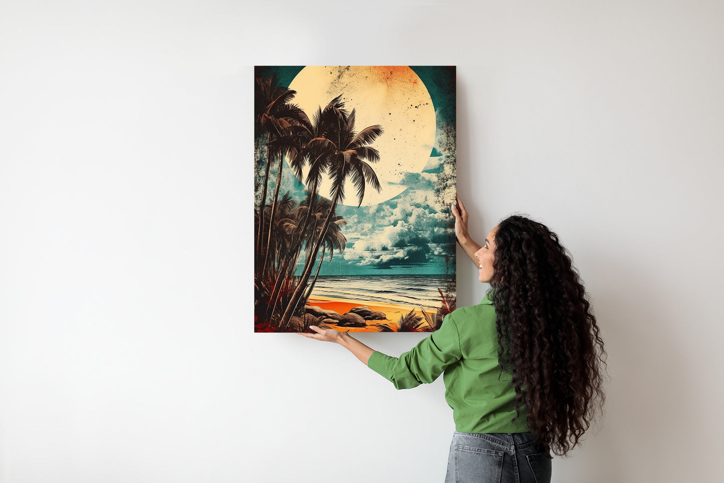 Poster Tropischer Strand Mit Sonne Und Vintage-Palmen Rahmen Holz Mit Passepartout Farbe Natürlich
