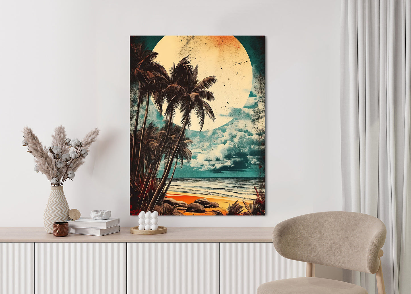 Poster Tropischer Strand Mit Sonne Und Vintage-Palmen Rahmen Holz Mit Passepartout Farbe Natürlich