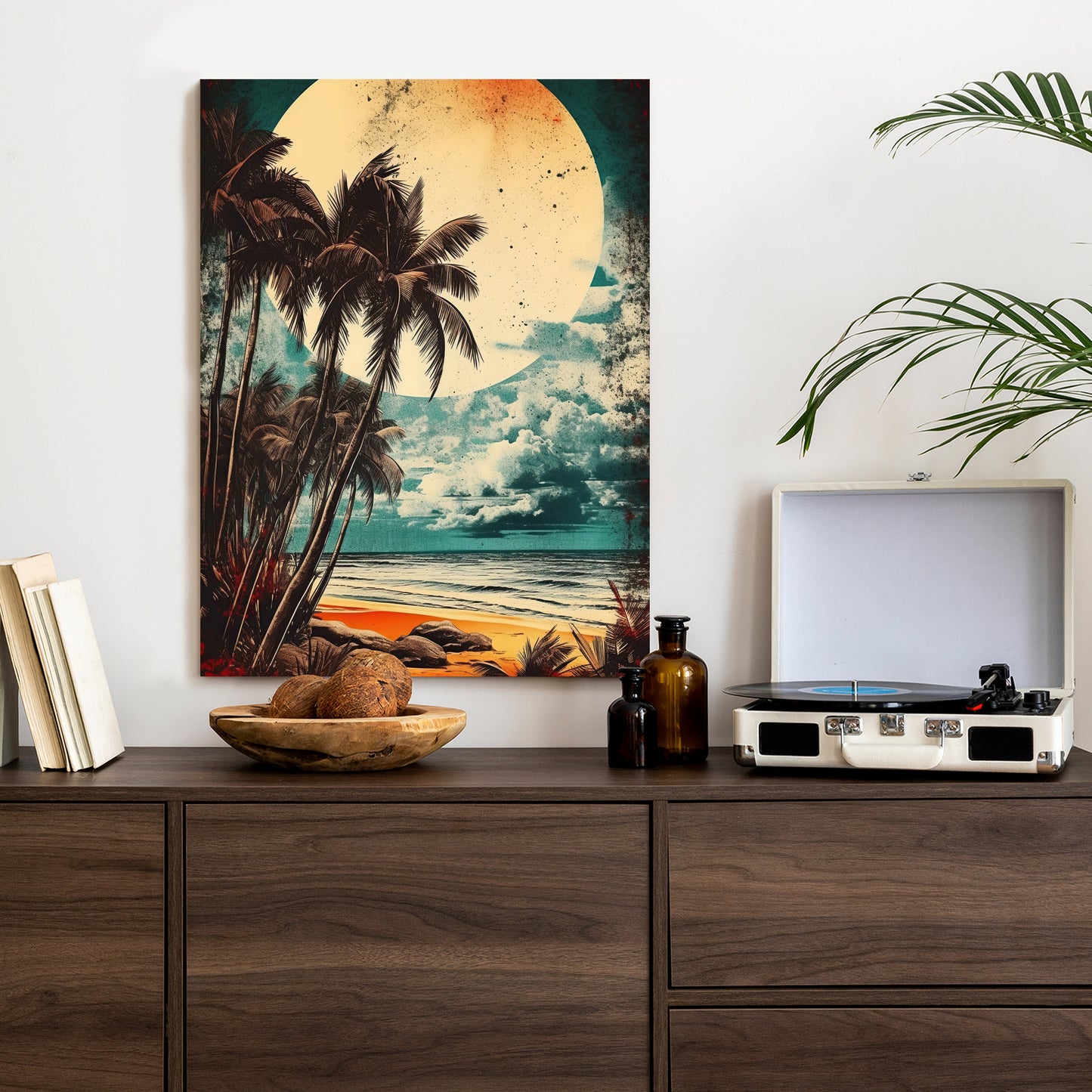Poster Tropischer Strand Mit Sonne Und Vintage-Palmen Rahmen Holz Mit Passepartout Farbe Natürlich