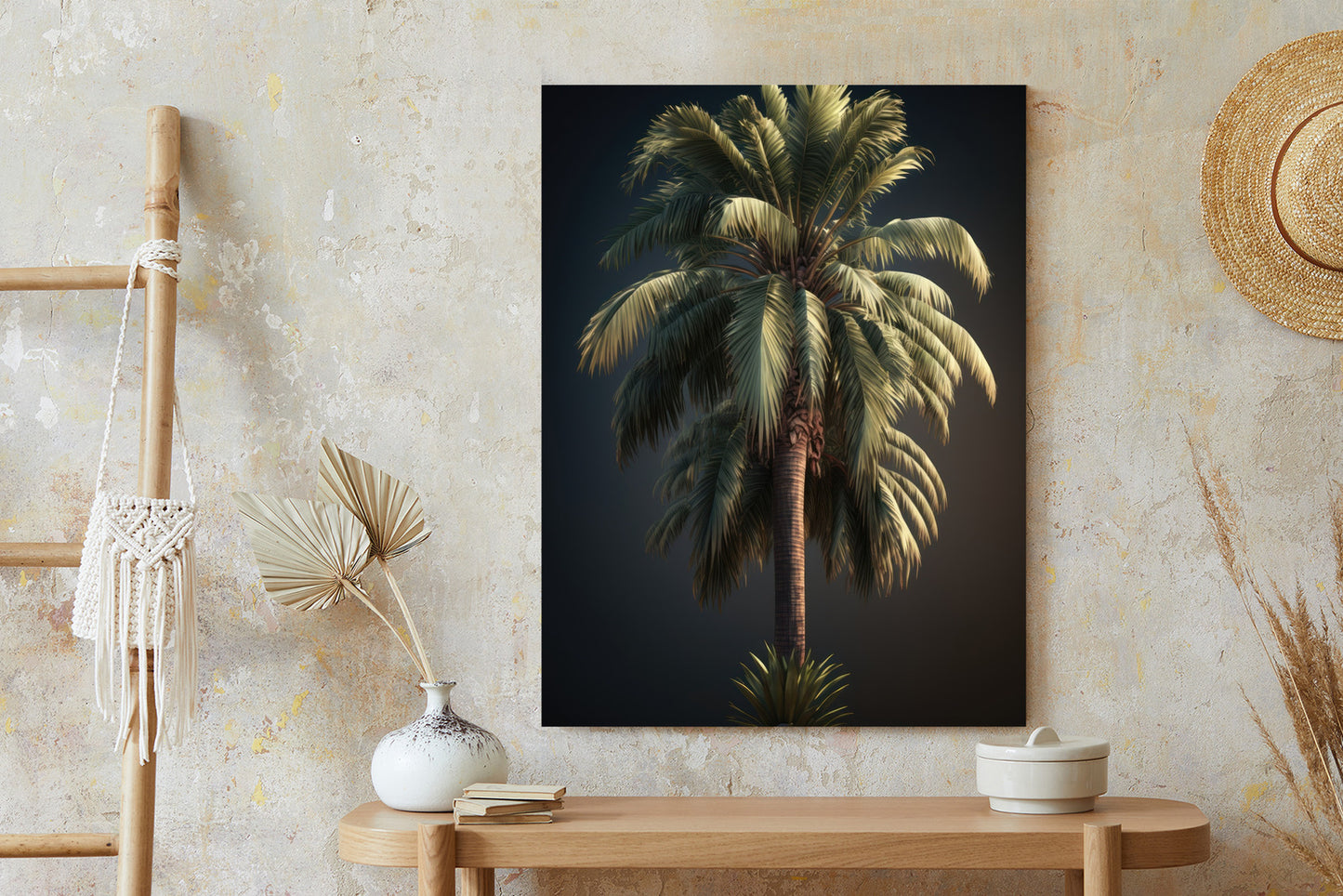 Poster Einsame Palme Auf Dunklem Hintergrund Rahmen Holz Mit Passepartout Farbe Natürlich