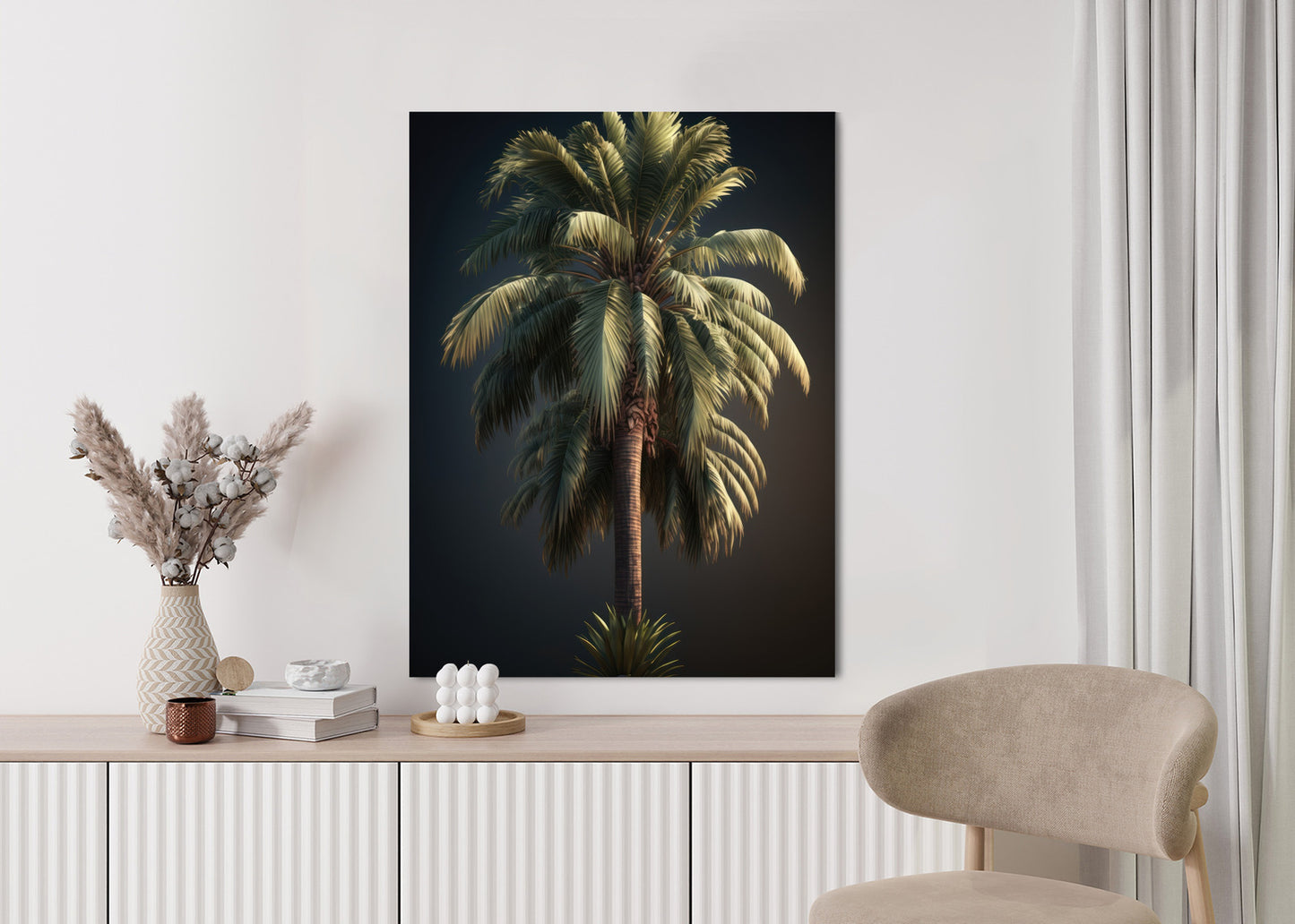 Poster Einsame Palme Auf Dunklem Hintergrund Rahmen Holz Mit Passepartout Farbe Natürlich