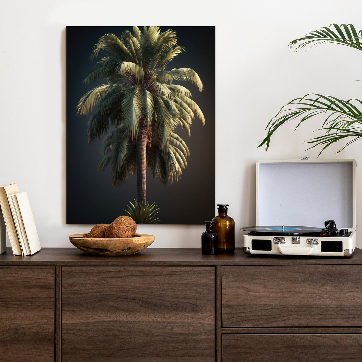 Poster Einsame Palme Auf Dunklem Hintergrund Rahmen Holz Mit Passepartout Farbe Natürlich