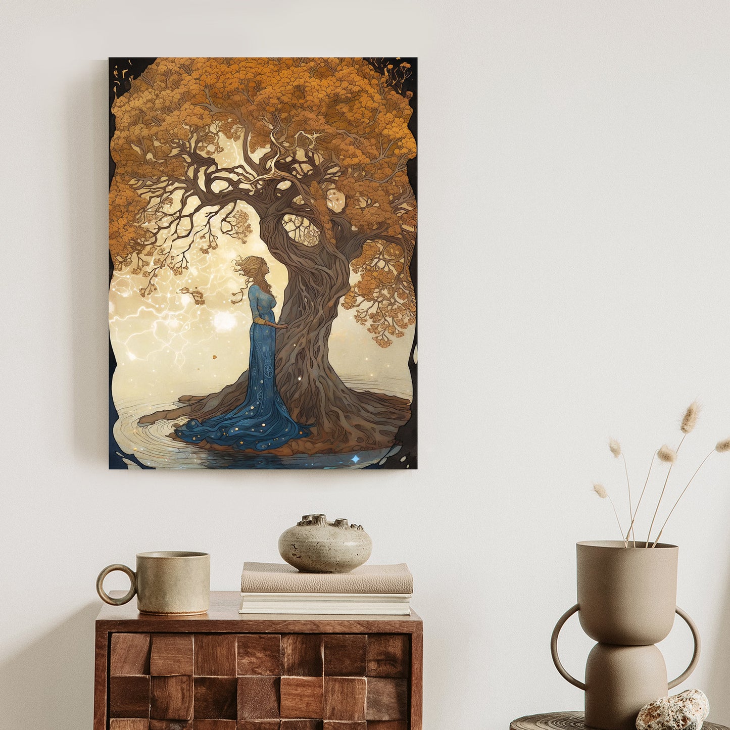 Poster Frau In Der Nähe Eines Verzweigten Baumes Rahmen Holz Mit Passepartout Farbe Natürlich