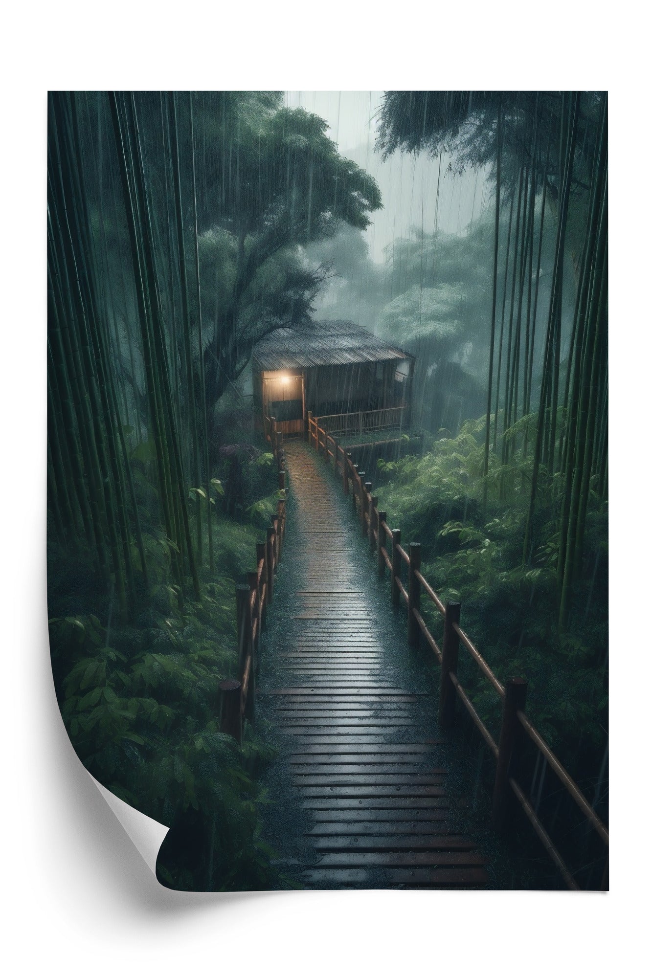 Poster Bambuswald Mit Bambushaus Rahmen Holz Mit Passepartout Farbe Natürlich