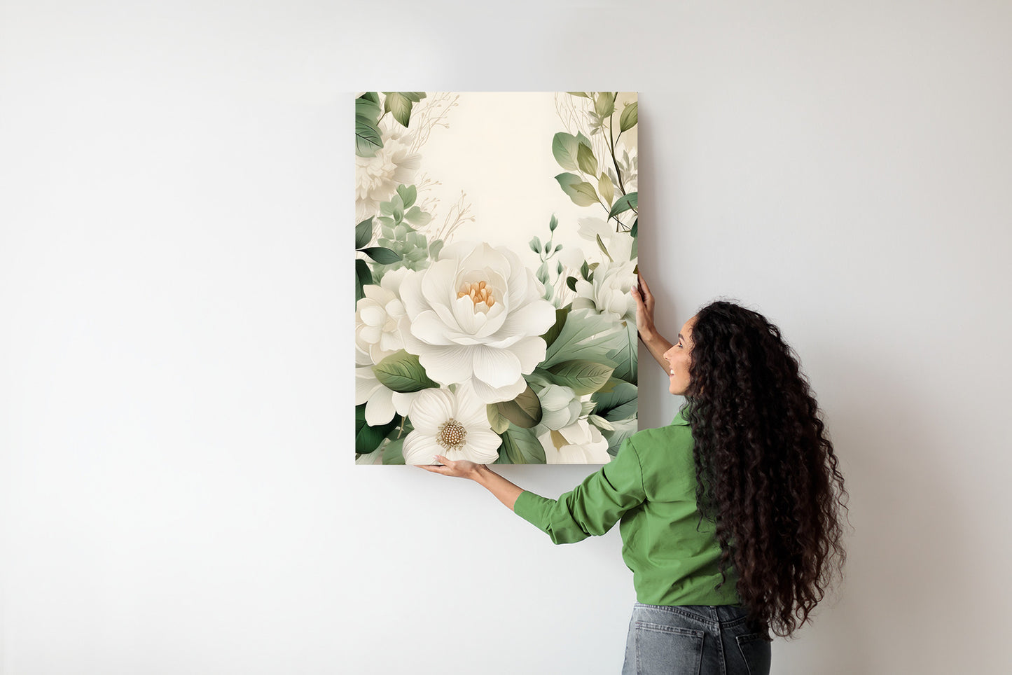 Poster Weiße Blüten Mit Grünen Blättern Rahmen Hölzern Farbe Weiß