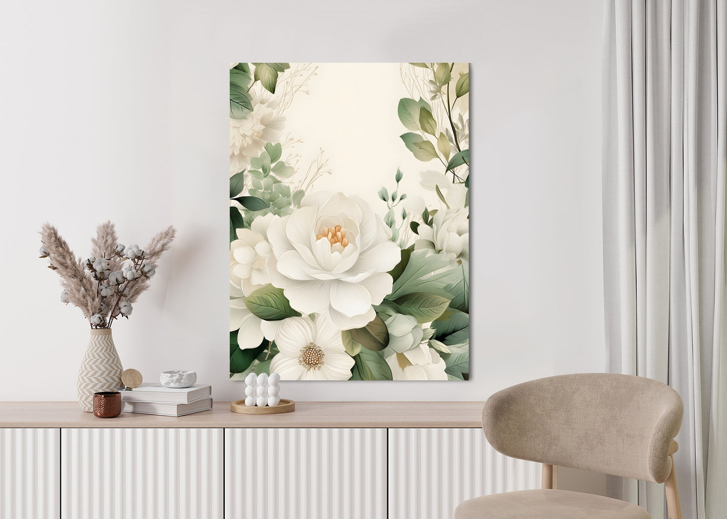 Poster Weiße Blüten Mit Grünen Blättern Rahmen Hölzern Farbe Weiß