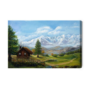 Leinwandbild Haus Vor Dem Hintergrund Einer Berglandschaft