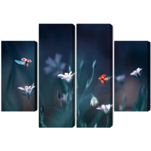 Mehrteiliges Bild Marienkäfer Und Wildblumen Im Makromaßstab