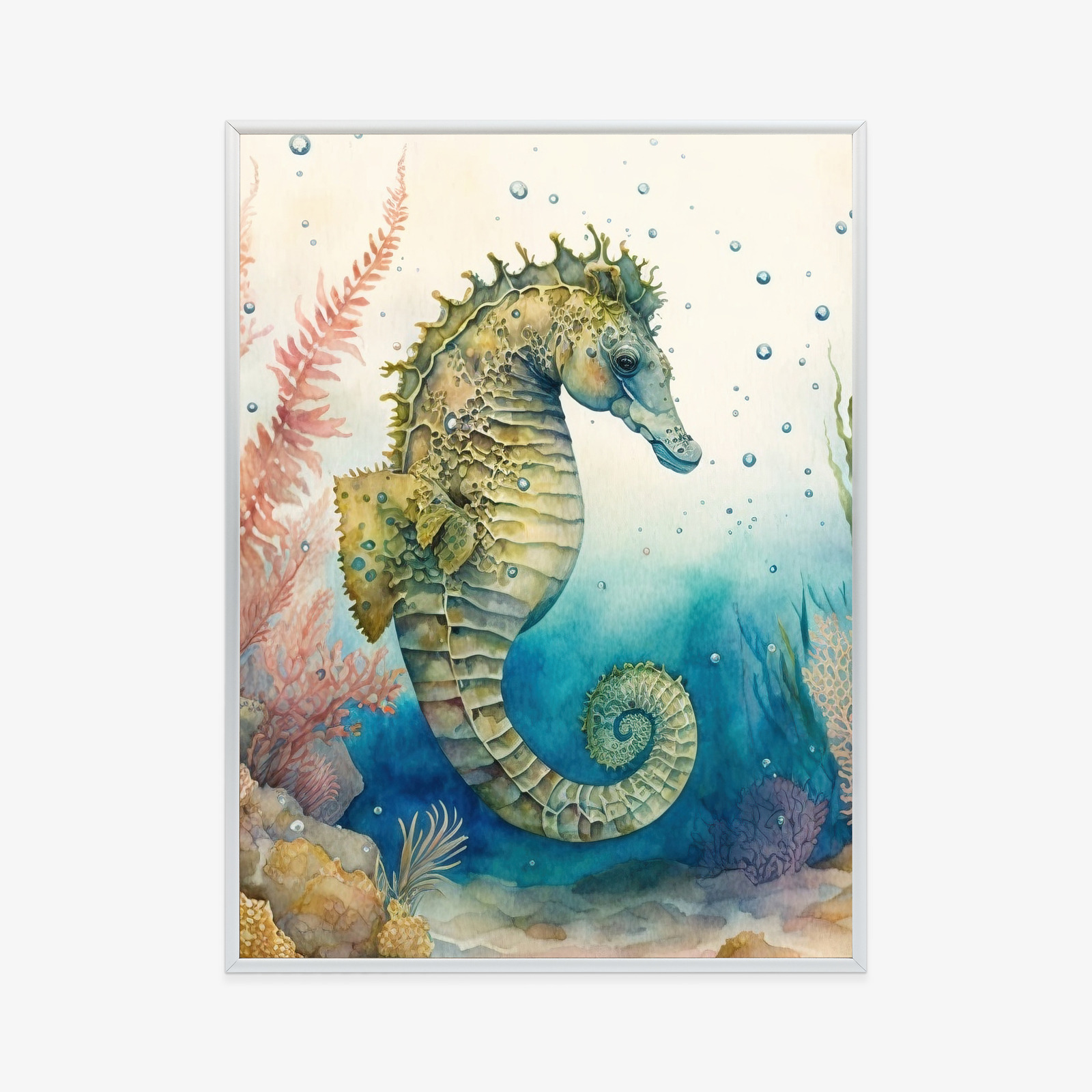 Poster Aquarellpflanzen Und Seepferdchen Rahmen Holz Mit Passepartout Farbe Natürlich – Bild 10