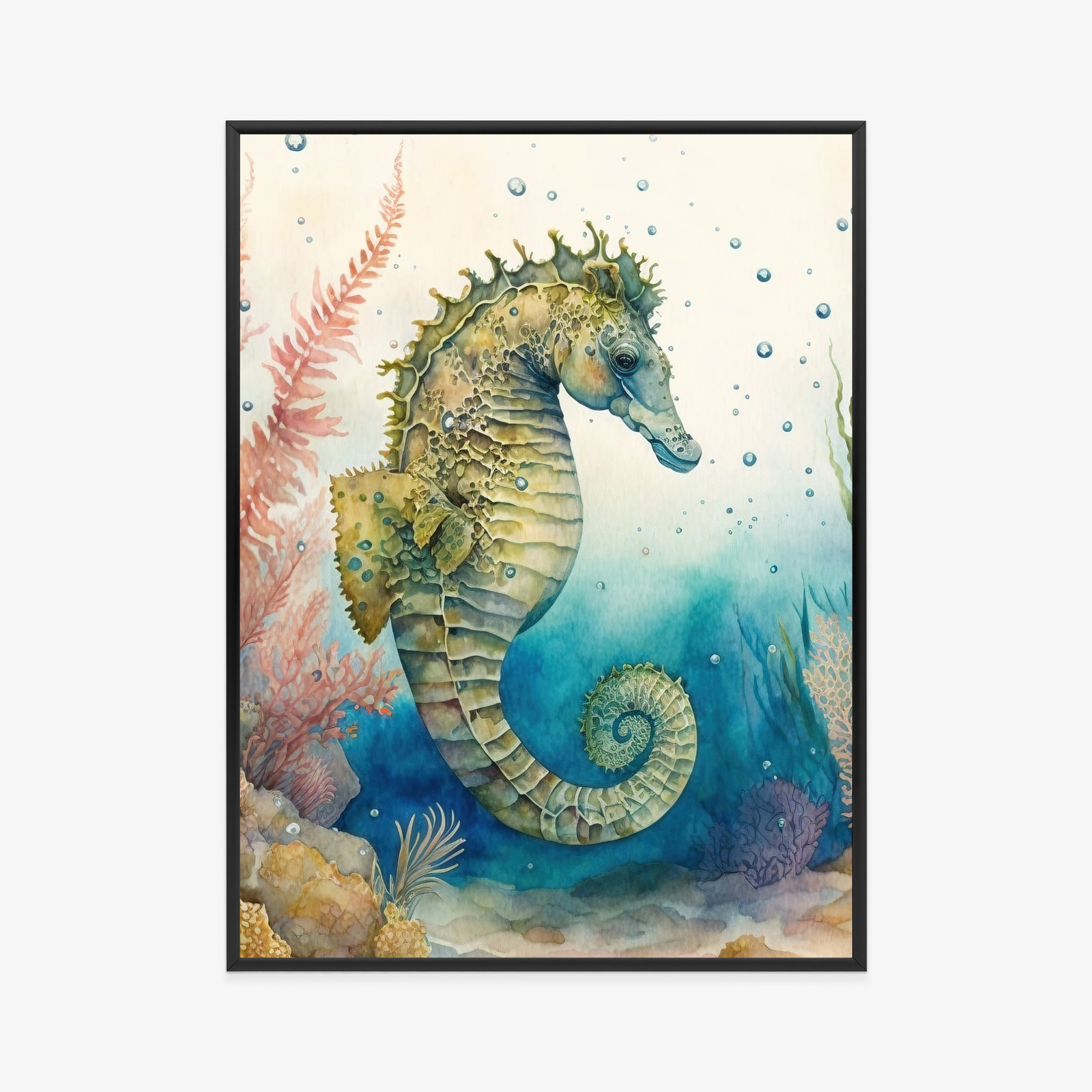 Poster Aquarellpflanzen Und Seepferdchen Rahmen Holz Mit Passepartout Farbe Natürlich – Bild 11