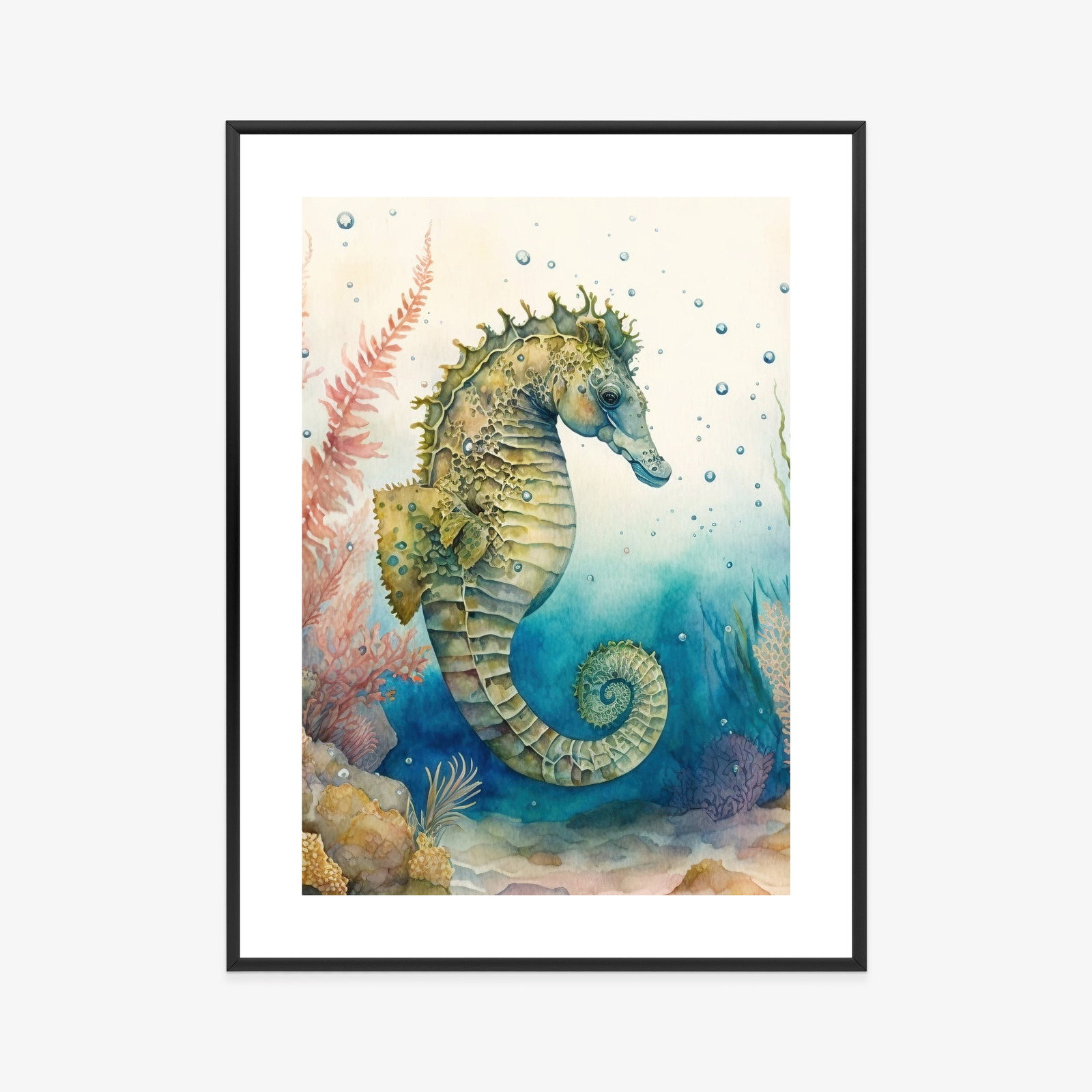 Poster Aquarellpflanzen Und Seepferdchen Rahmen Holz Mit Passepartout Farbe Natürlich – Bild 9