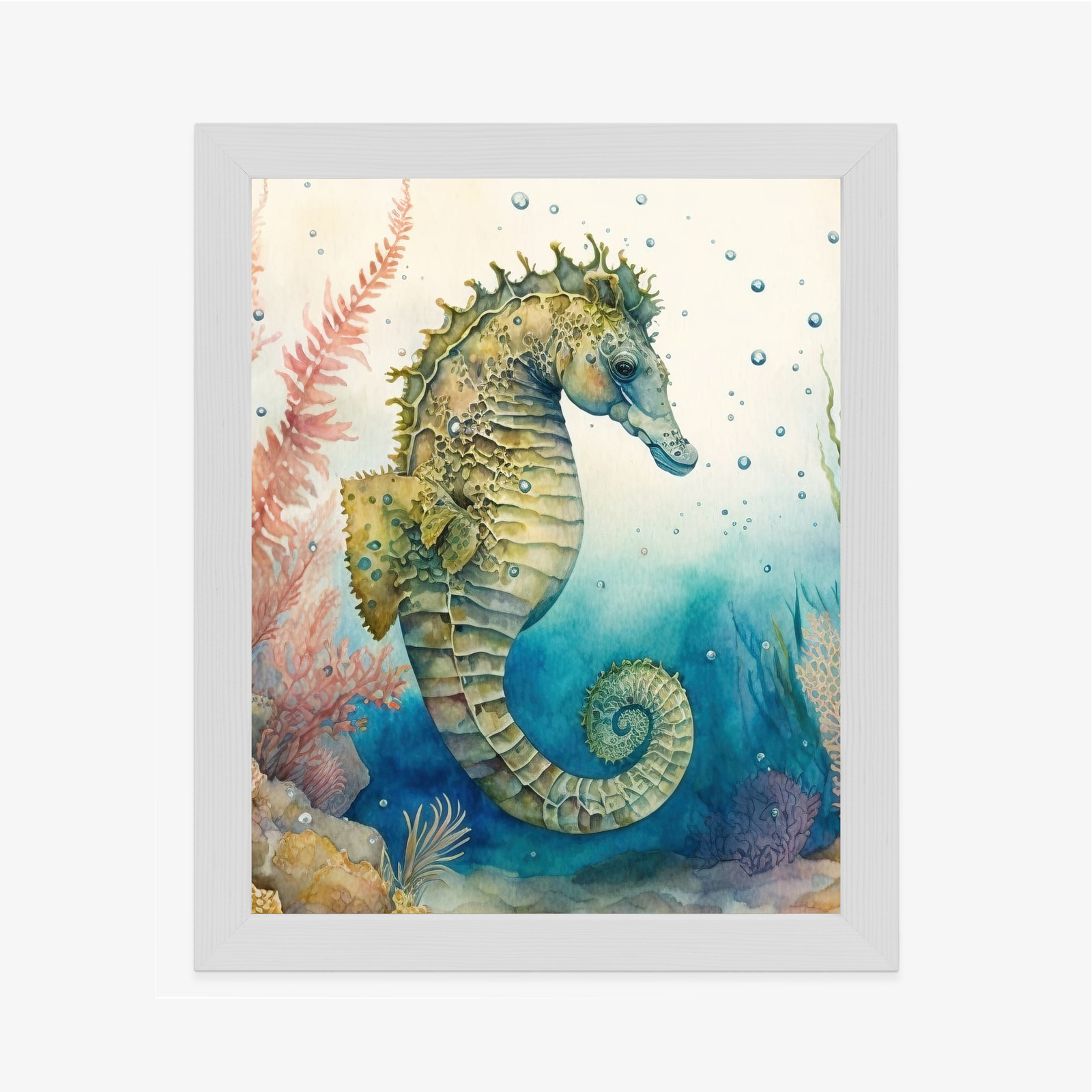 Poster Aquarellpflanzen Und Seepferdchen Rahmen Holz Mit Passepartout Farbe Natürlich – Bild 7