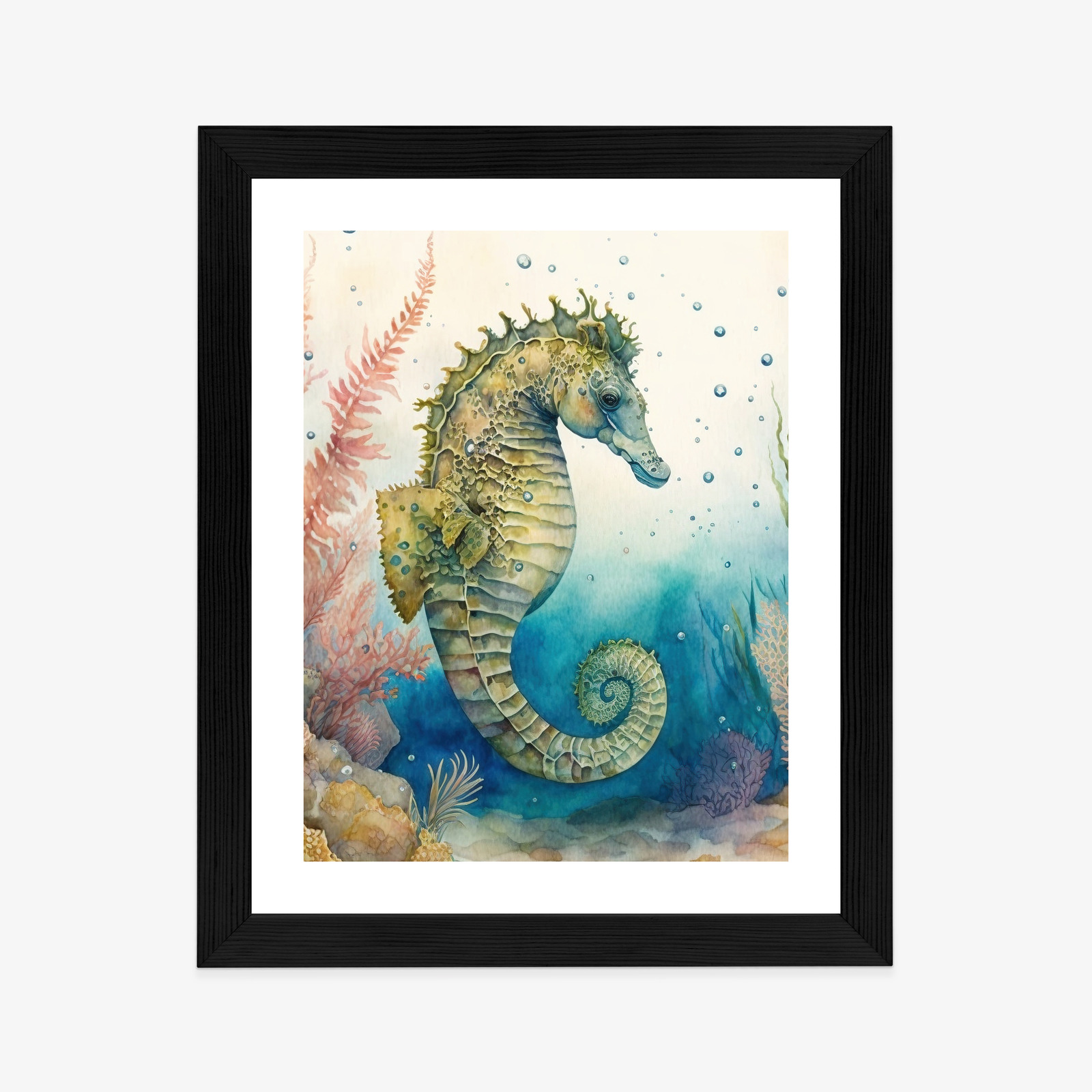 Poster Aquarellpflanzen Und Seepferdchen Rahmen Holz Mit Passepartout Farbe Natürlich – Bild 4