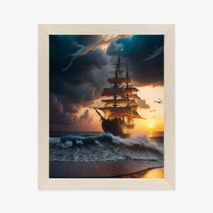 Poster Schiff Auf See Bei Sonnenuntergang Rahmen Hölzern Farbe Natürlich