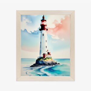 Poster Leuchtturm Und Aquarell-Meereslandschaft Rahmen Hölzern Farbe Natürlich