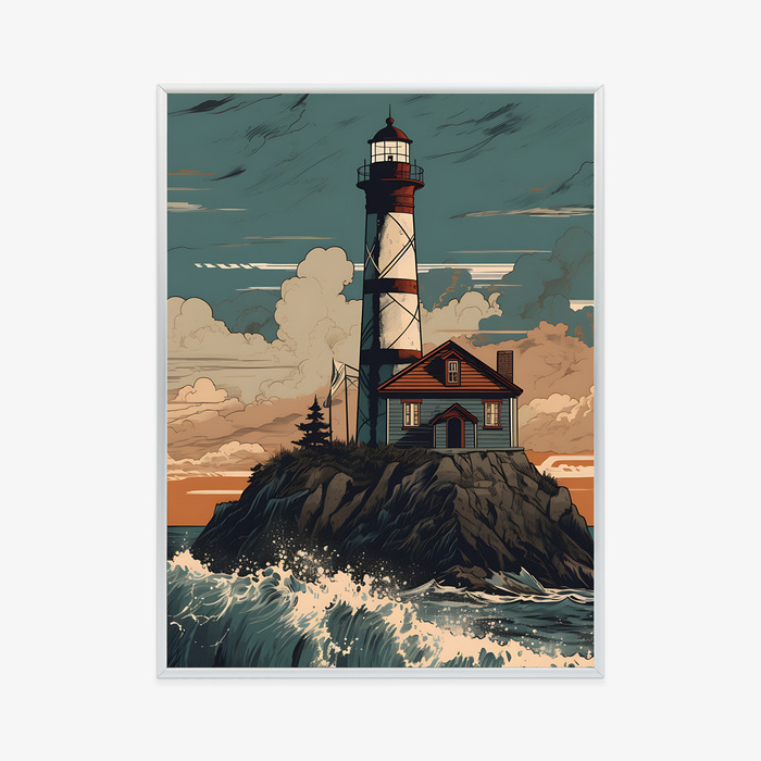 Poster Leuchtturm Und Raue Wellen Rahmen Holz Mit Passepartout Farbe Natürlich – Bild 10