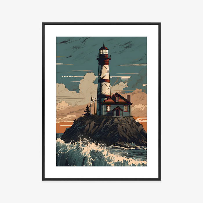 Poster Leuchtturm Und Raue Wellen Rahmen Holz Mit Passepartout Farbe Natürlich – Bild 9