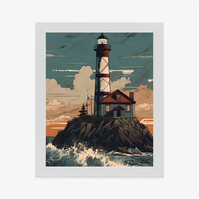 Poster Leuchtturm Und Raue Wellen Rahmen Holz Mit Passepartout Farbe Natürlich – Bild 7