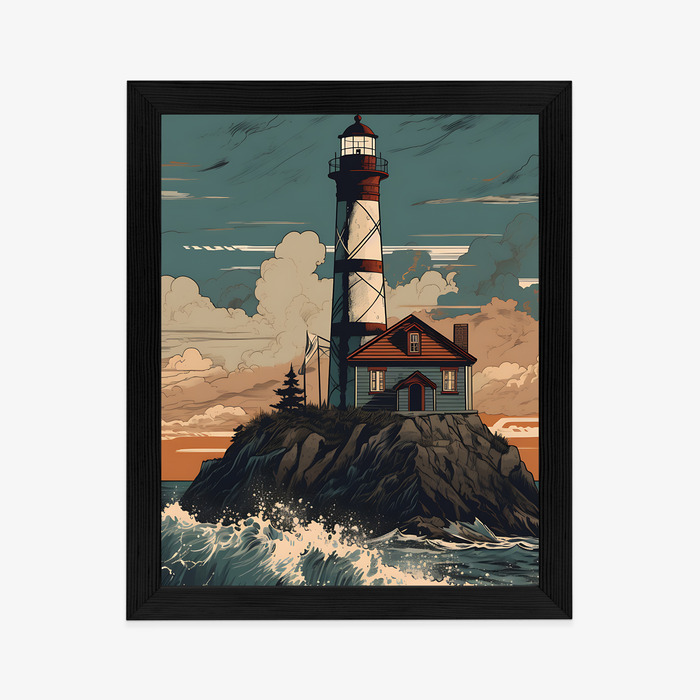 Poster Leuchtturm Und Raue Wellen Rahmen Holz Mit Passepartout Farbe Natürlich – Bild 6