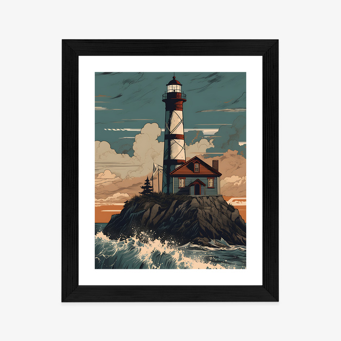 Poster Leuchtturm Und Raue Wellen Rahmen Holz Mit Passepartout Farbe Natürlich – Bild 4