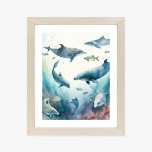 Poster Delfine Im Meerestiefen-Aquarell Rahmen Holz Mit Passepartout Farbe Natürlich