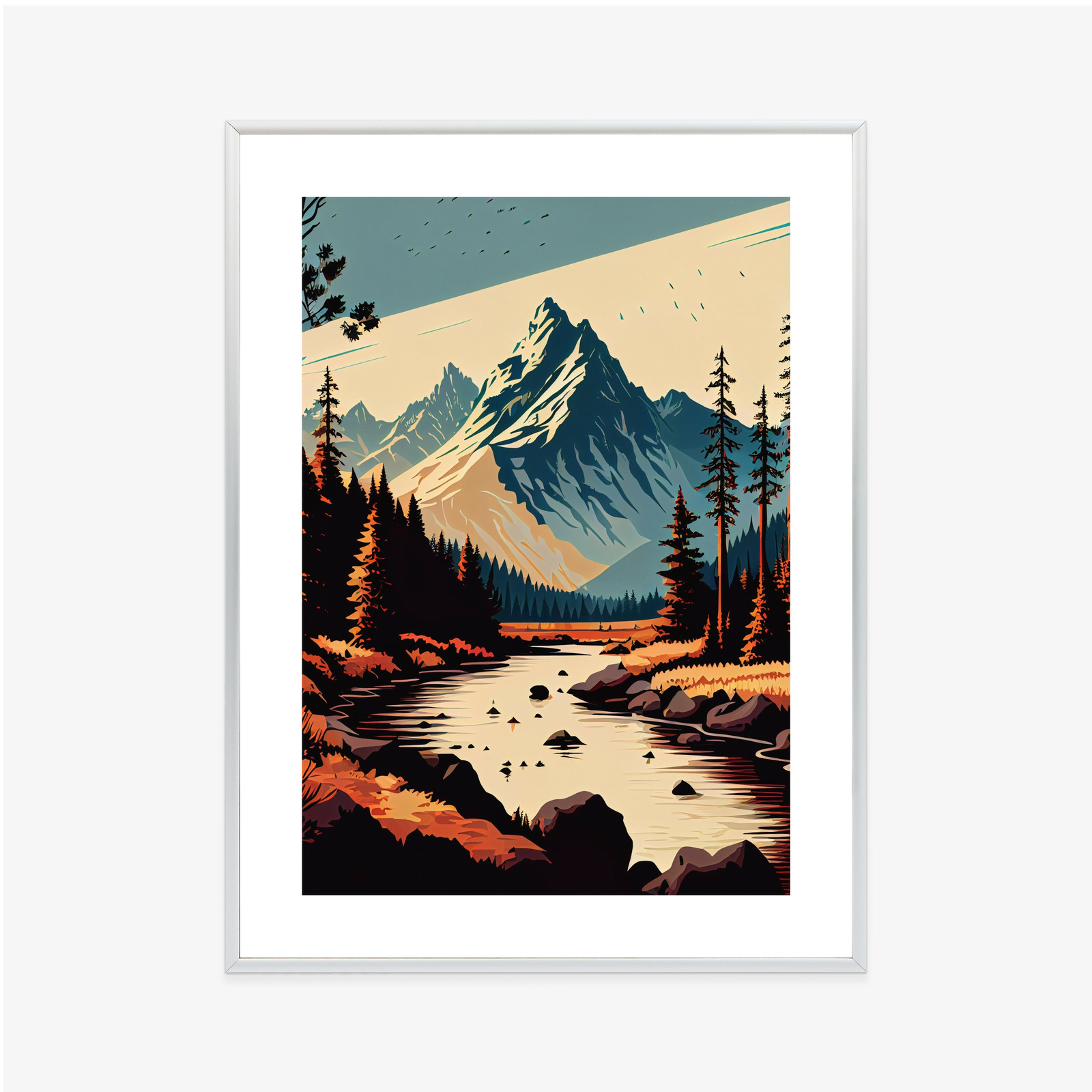 Poster Abstrakte Bergflusslandschaft Rahmen Hölzern Farbe Weiß – Bild 8