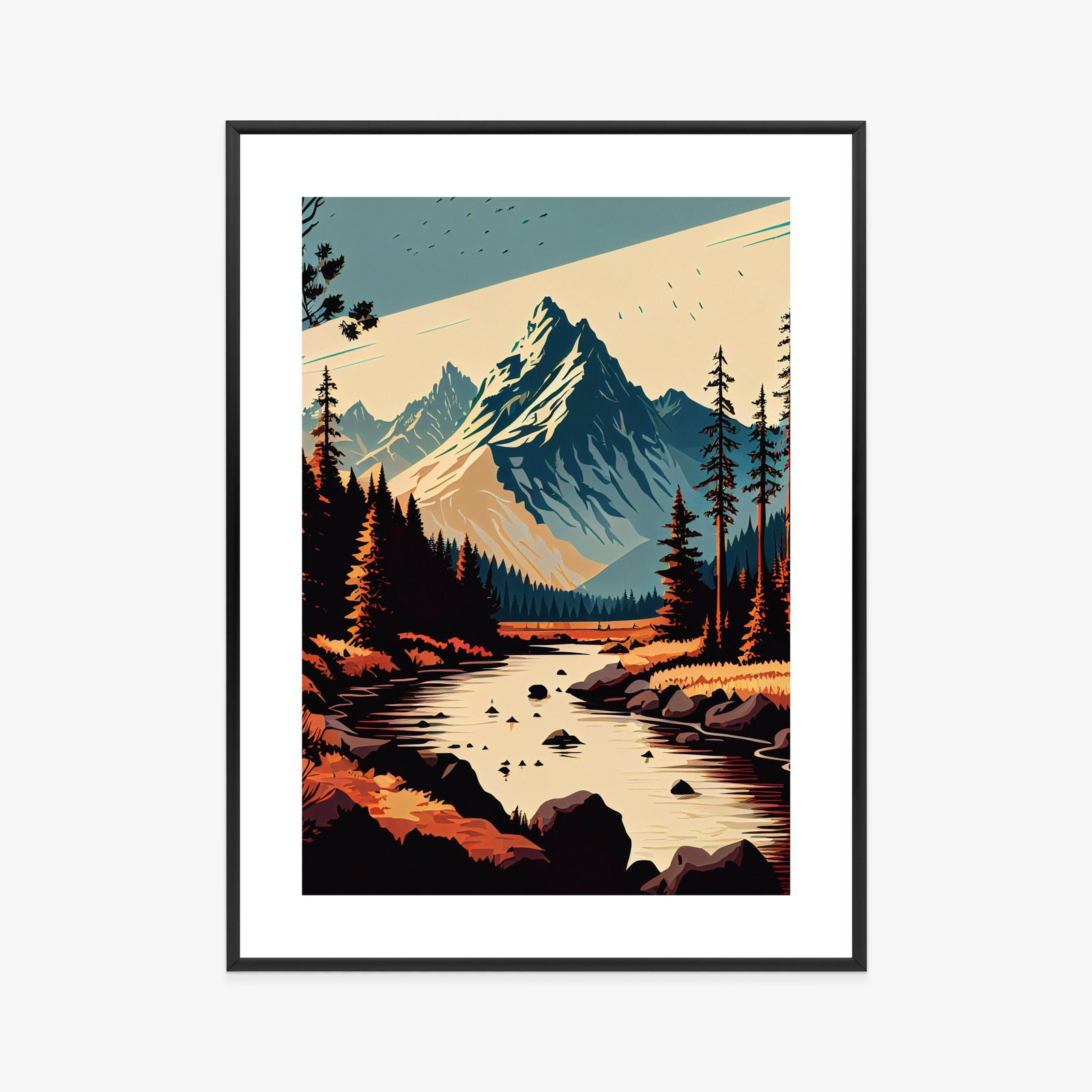 Poster Abstrakte Bergflusslandschaft Rahmen Hölzern Farbe Weiß – Bild 9