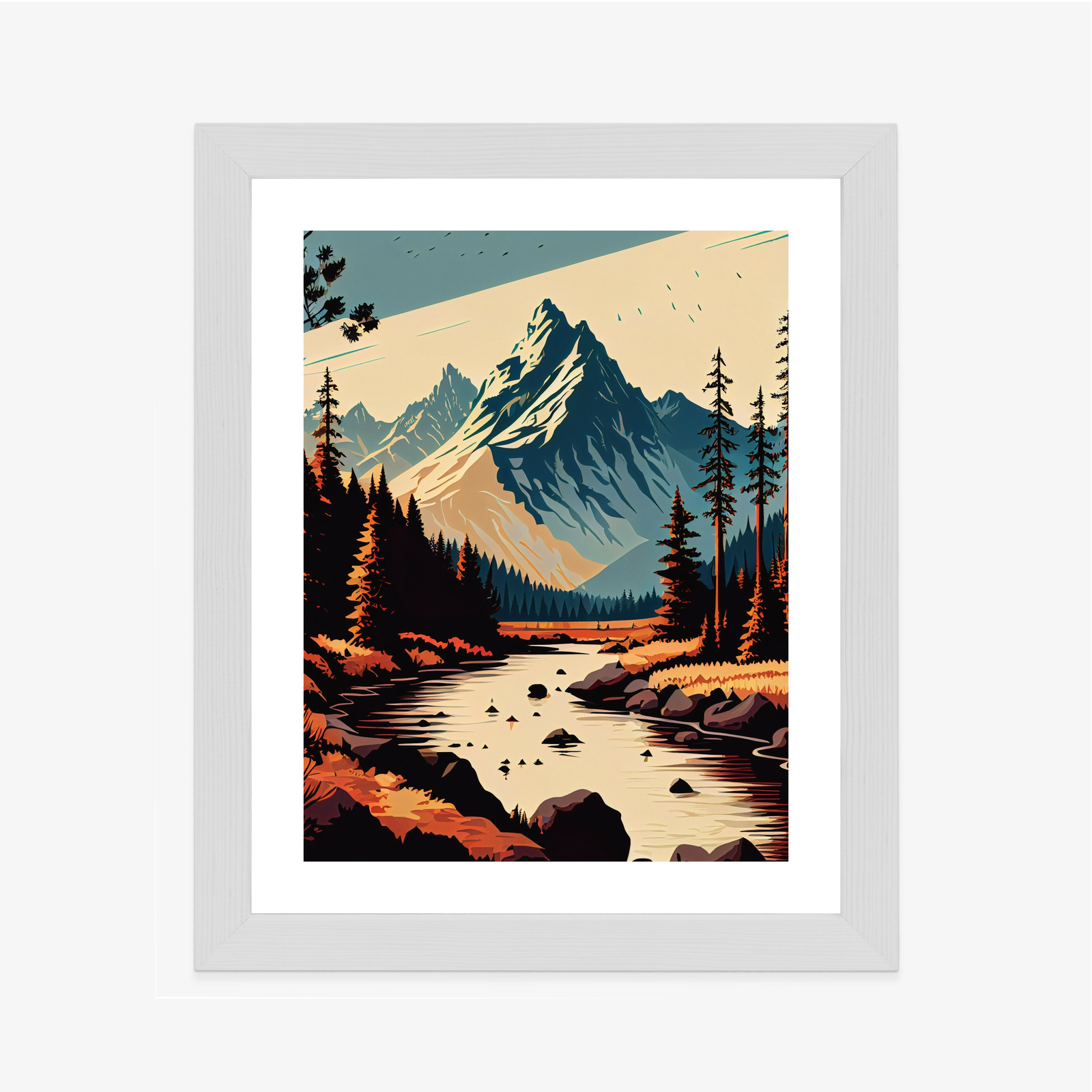 Poster Abstrakte Bergflusslandschaft Rahmen Hölzern Farbe Weiß – Bild 6