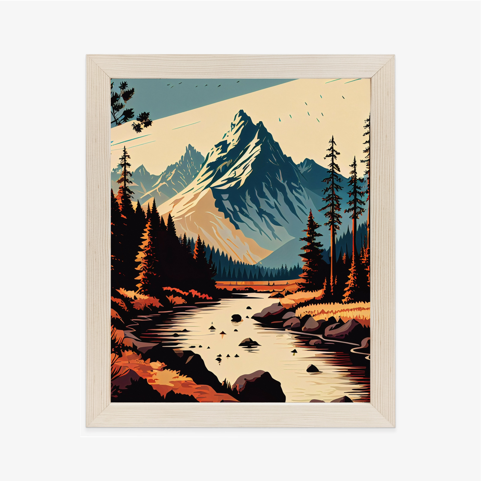 Poster Abstrakte Bergflusslandschaft Rahmen Hölzern Farbe Weiß – Bild 3