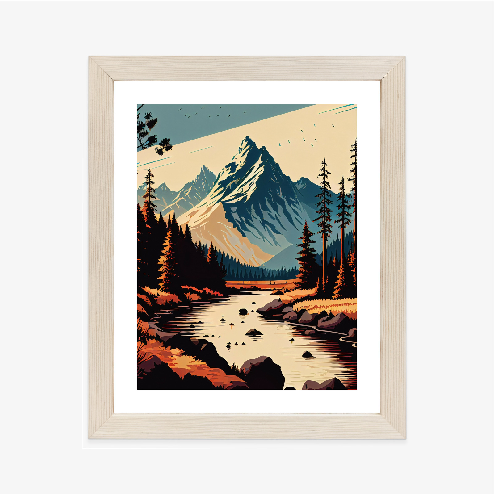 Poster Abstrakte Bergflusslandschaft Rahmen Hölzern Farbe Weiß – Bild 2