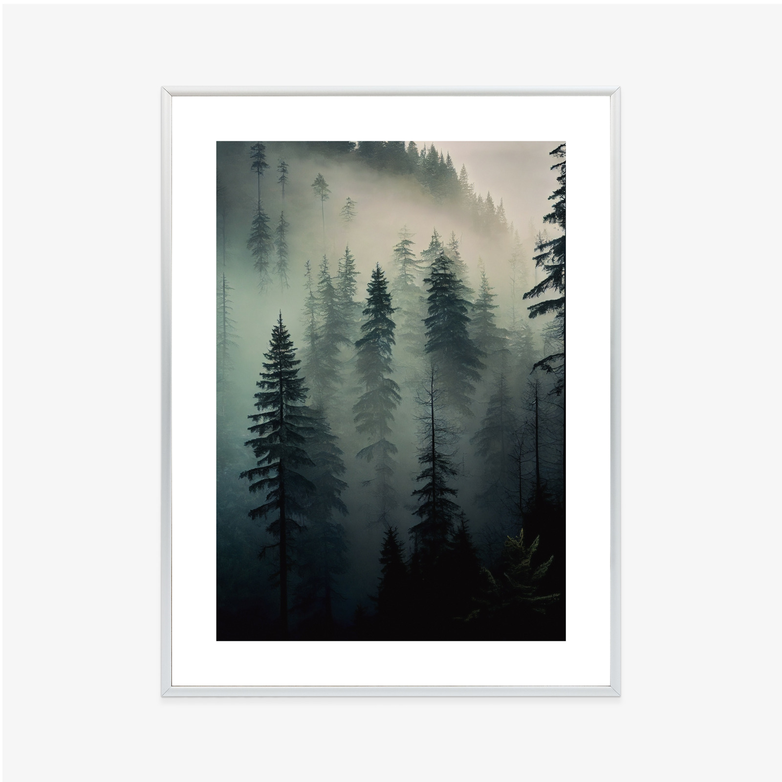 Poster Bäume In Einem Nebligen Wald Rahmen Holz Mit Passepartout Farbe Natürlich – Bild 8