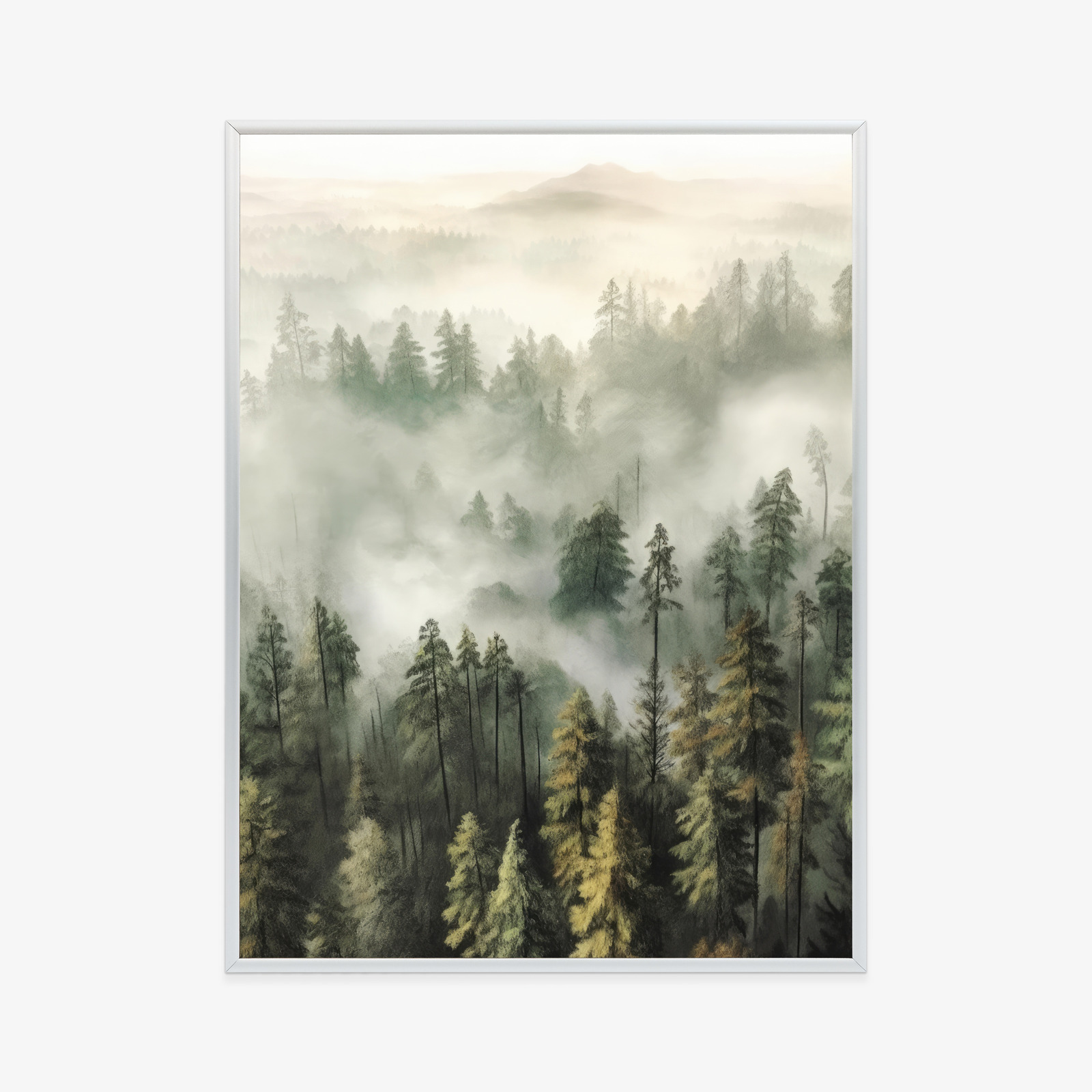 Poster Bergwald Im Nebel-Aquarell Rahmen Holz Mit Passepartout Farbe Natürlich – Bild 10