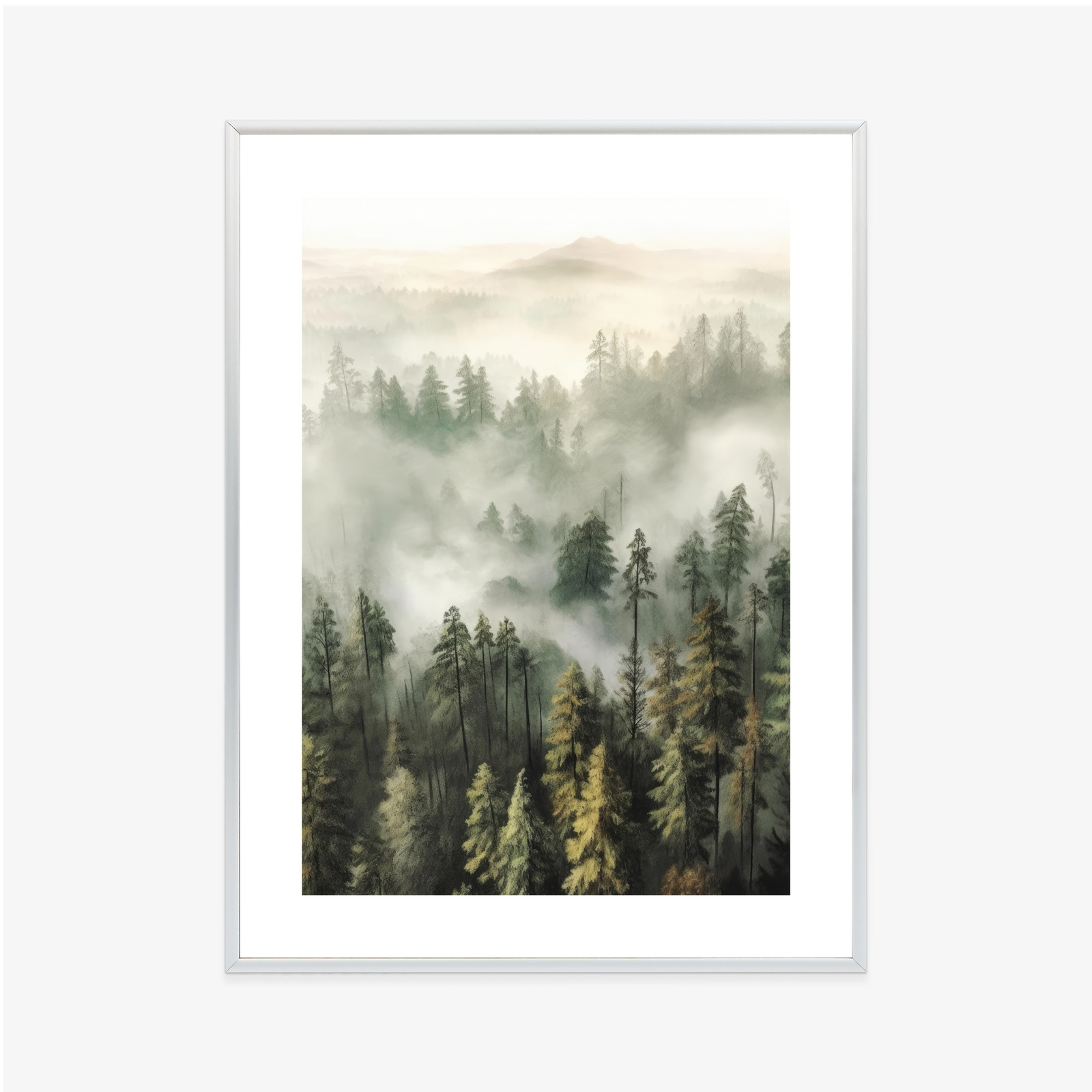 Poster Bergwald Im Nebel-Aquarell Rahmen Holz Mit Passepartout Farbe Natürlich – Bild 8