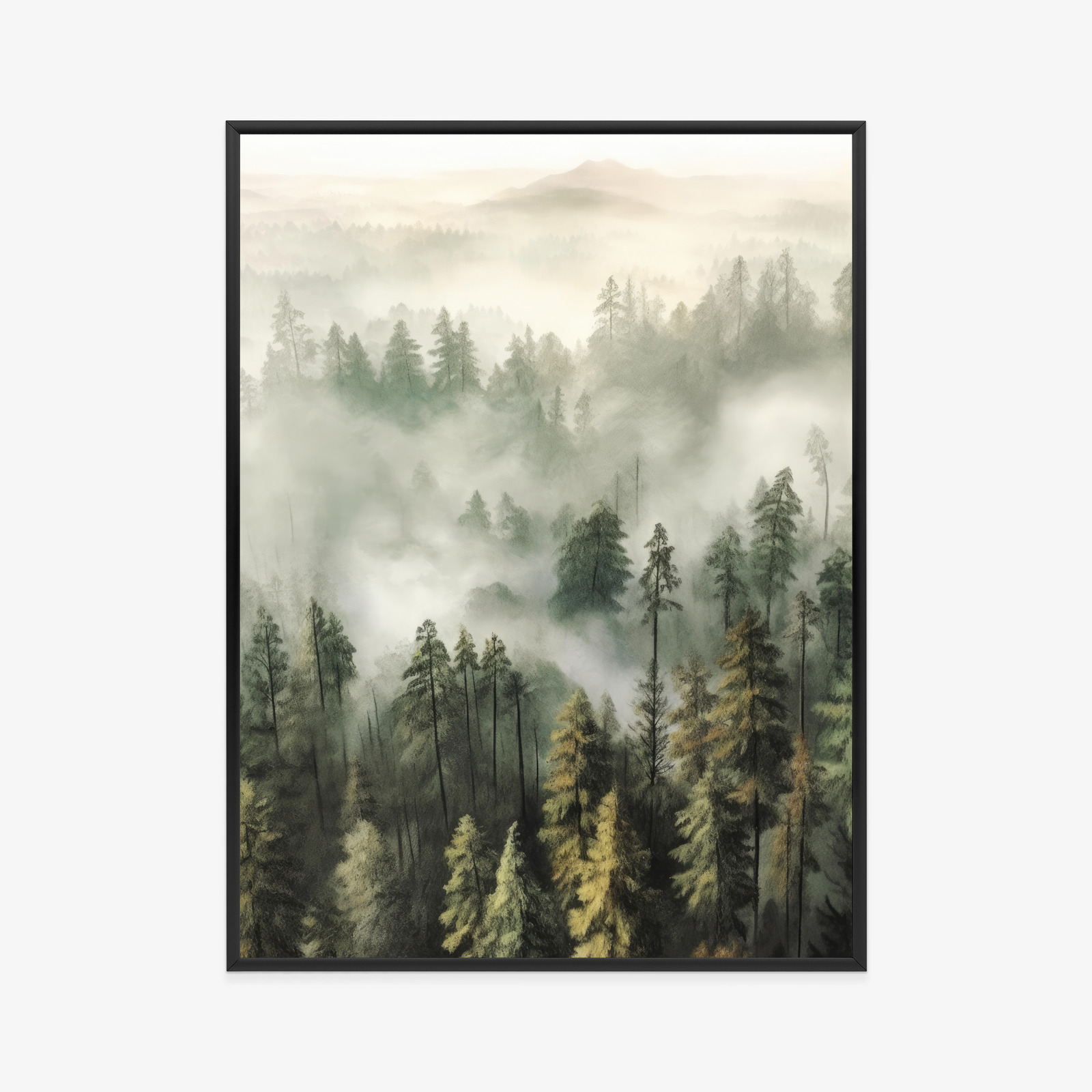 Poster Bergwald Im Nebel-Aquarell Rahmen Holz Mit Passepartout Farbe Natürlich – Bild 11