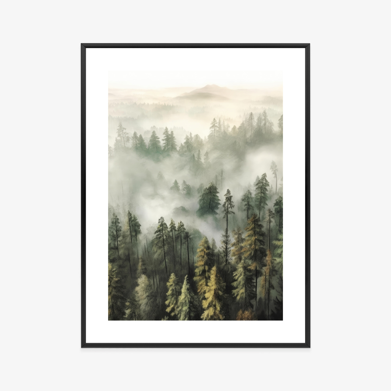Poster Bergwald Im Nebel-Aquarell Rahmen Holz Mit Passepartout Farbe Natürlich – Bild 9