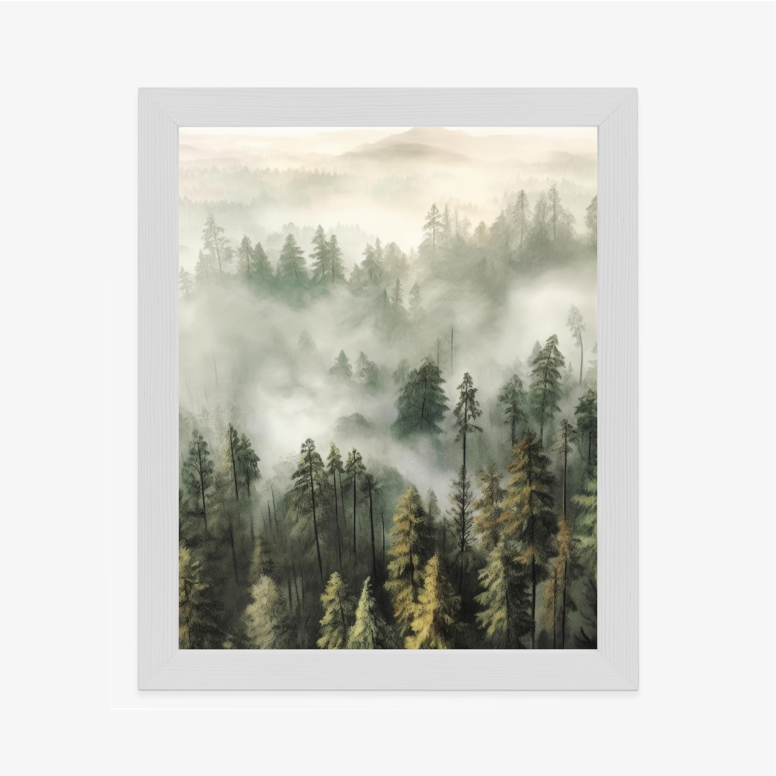 Poster Bergwald Im Nebel-Aquarell Rahmen Holz Mit Passepartout Farbe Natürlich – Bild 7