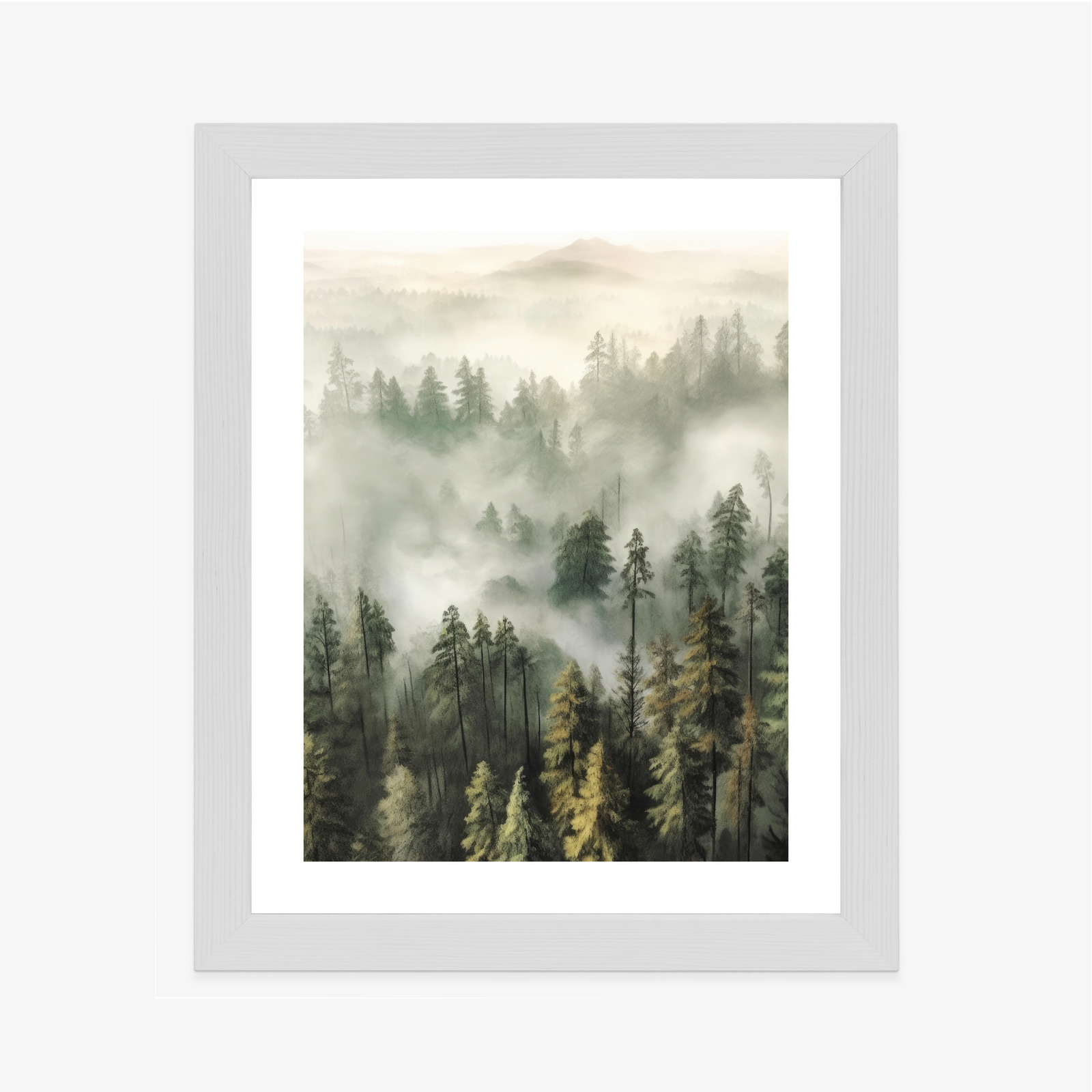 Poster Bergwald Im Nebel-Aquarell Rahmen Holz Mit Passepartout Farbe Natürlich – Bild 5