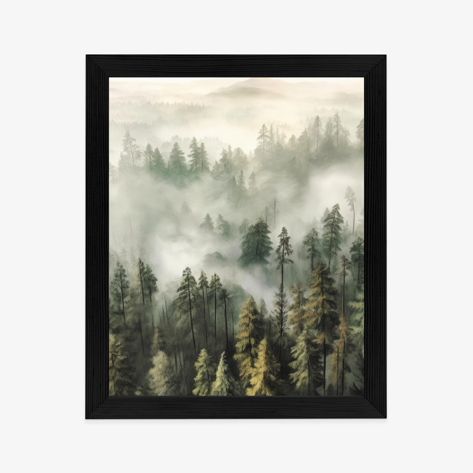 Poster Bergwald Im Nebel-Aquarell Rahmen Holz Mit Passepartout Farbe Natürlich – Bild 6