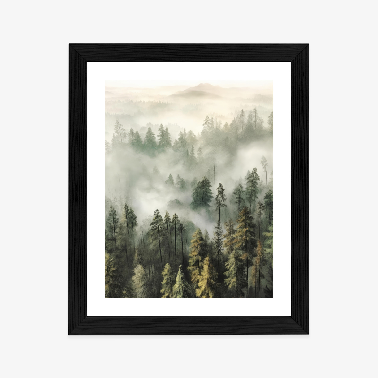 Poster Bergwald Im Nebel-Aquarell Rahmen Holz Mit Passepartout Farbe Natürlich – Bild 4