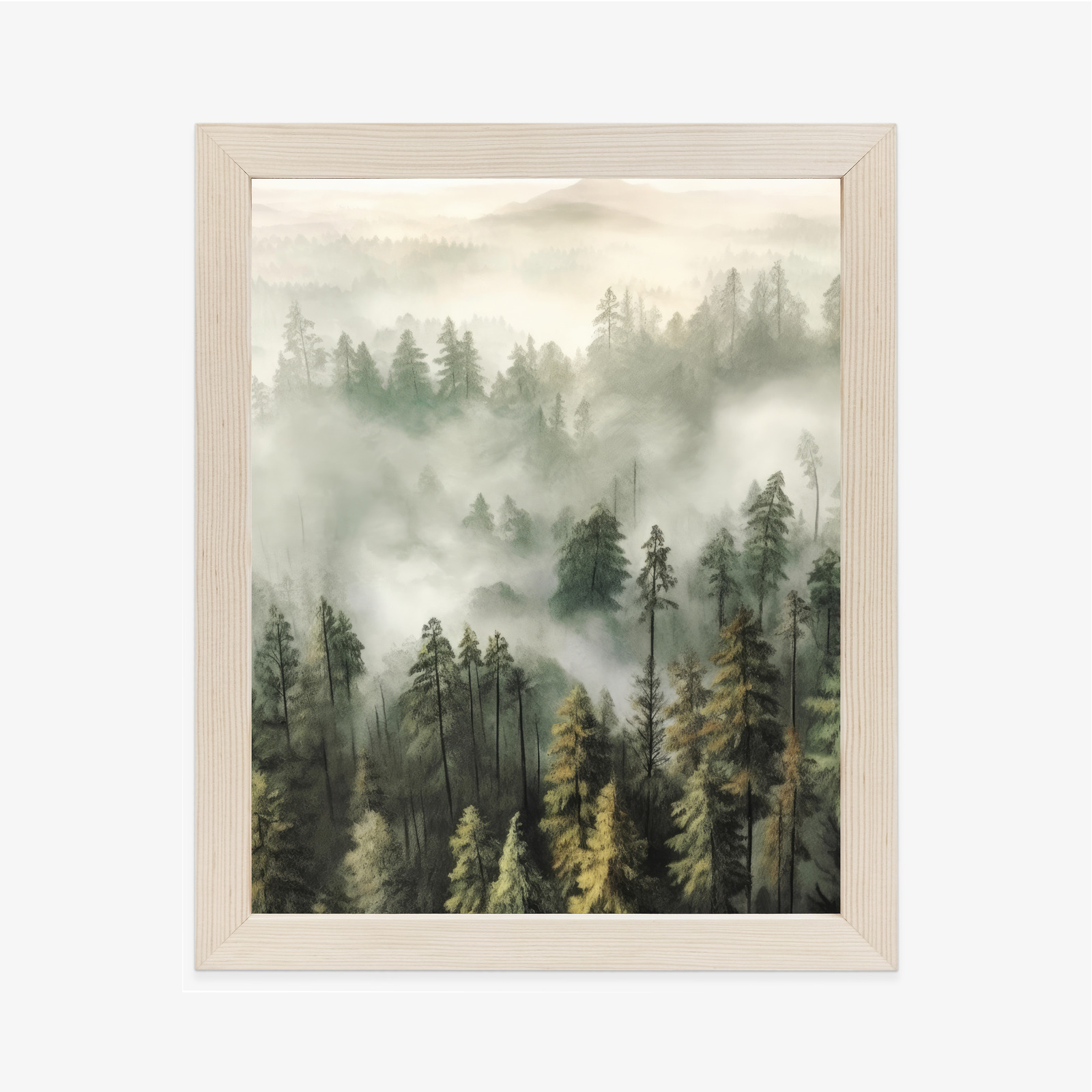 Poster Bergwald Im Nebel-Aquarell Rahmen Holz Mit Passepartout Farbe Natürlich – Bild 2